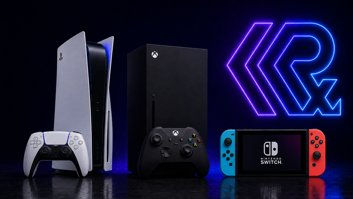 PlayStation-, Xbox- und Nintendo-Konsolen mit Controllern