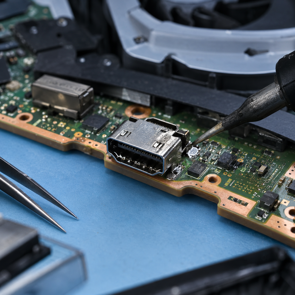 PS5 HDMI-Port Reparatur – HDMI-Anschluss auf einer PlayStation 5 Platine wird gelötet