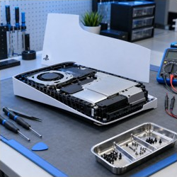 PS5 System Software Reparatur – geöffnete PlayStation 5 am Reparaturarbeitsplatz